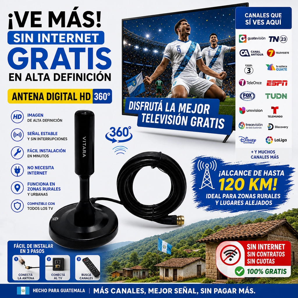 Antena Digital Vitara Ultra HD Omnidireccional 360° Alcance 120 km  [+40 Canales Nacionales en HD Gratis, Sin Internet ni Mensualidad]