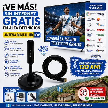 Antena Digital Vitara Ultra HD Omnidireccional 360° Alcance 120 km  [+40 Canales Nacionales en HD Gratis, Sin Internet ni Mensualidad]